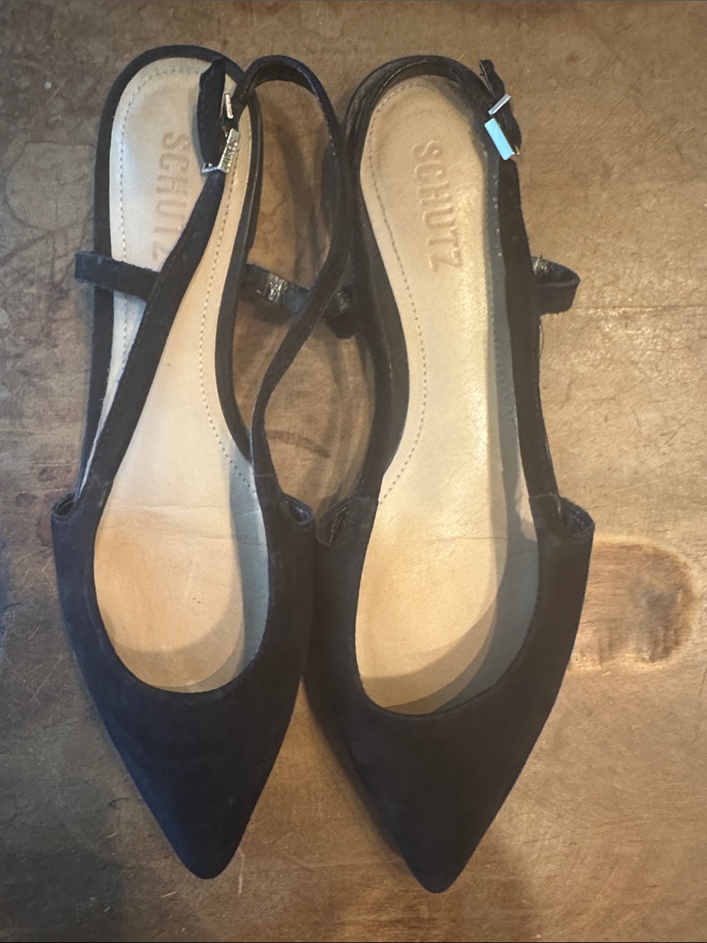 SCHUTZ Black Suede Pointed Slingback Flats with Ankle Strap